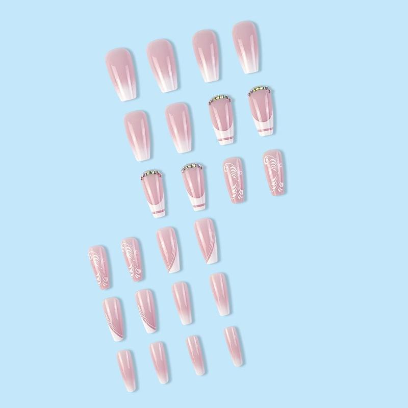 Rhinestone Fake Nails with Nail Care Tools, 24pcs French Style Short Square False Nails for Women & Girls DIY Nail Art, Effortless Press On Nails Manicure Set