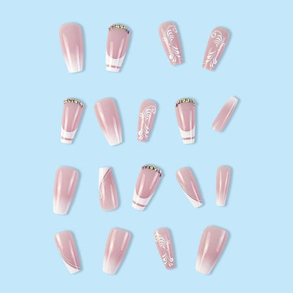 Rhinestone Fake Nails with Nail Care Tools, 24pcs French Style Short Square False Nails for Women & Girls DIY Nail Art, Effortless Press On Nails Manicure Set