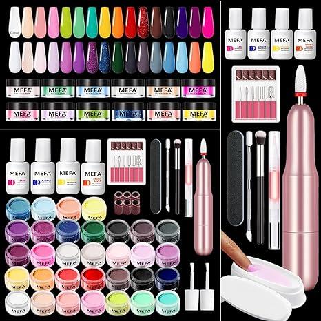 MEFA Dip Powder Nail Kit with Portable Electric Nail Drill, Summer Glitter Shimmery Hot Pink Pastel Violet Neon Orange 32 Colors Dipping Powder Liquid Set Bright Shades French Nail Art Manicure Salon  Nail Polish Nail Care