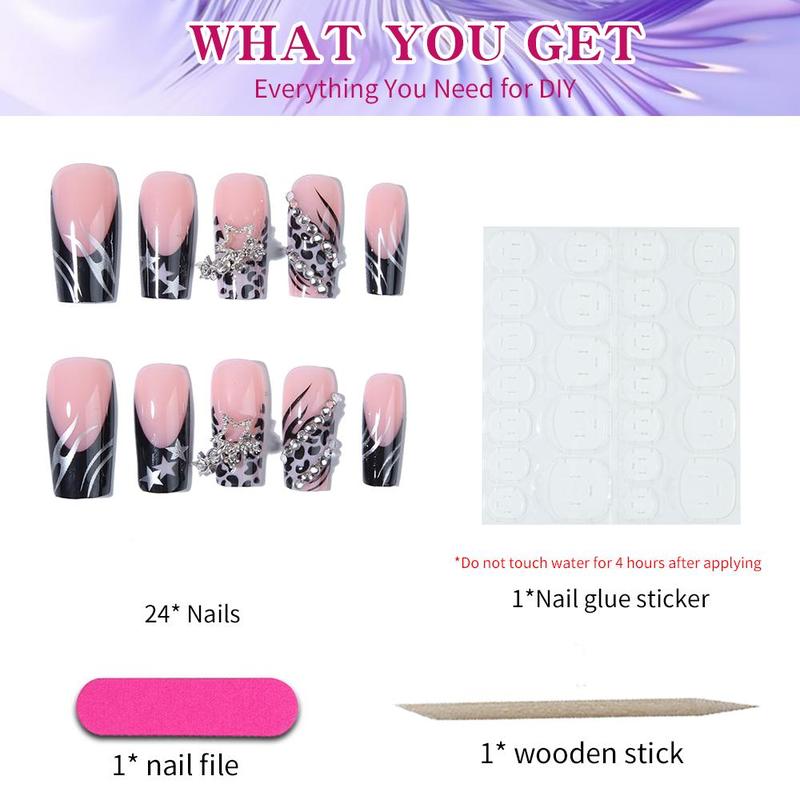 Leopard & Star Pattern Rhinestone Decor Fake Nails with 1 Nail File & 1 Sticker Sheet & 1 Stick, 24pcs Glossy Long Square False Nails for Women Girls Nail Art, Effortless Press On Nails Manicure Set