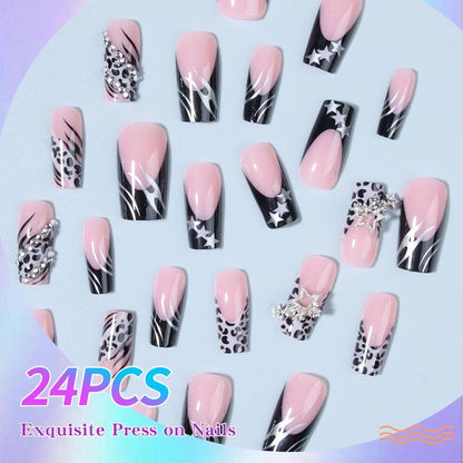 Leopard & Star Pattern Rhinestone Decor Fake Nails with 1 Nail File & 1 Sticker Sheet & 1 Stick, 24pcs Glossy Long Square False Nails for Women Girls Nail Art, Effortless Press On Nails Manicure Set