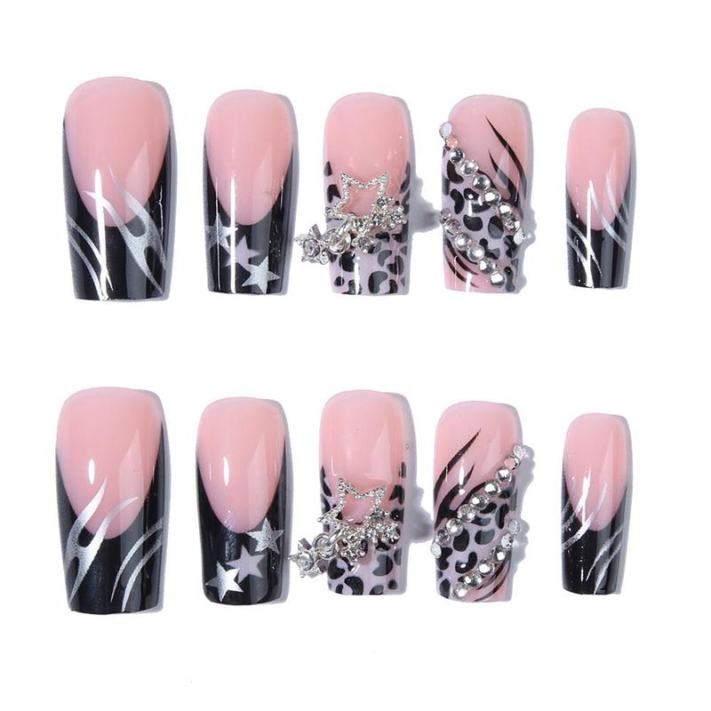 Leopard & Star Pattern Rhinestone Decor Fake Nails with 1 Nail File & 1 Sticker Sheet & 1 Stick, 24pcs Glossy Long Square False Nails for Women Girls Nail Art, Effortless Press On Nails Manicure Set