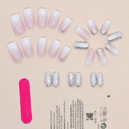 Glitter Gradient Nail Art & Nail Care Fake Nail & 1 Count Tape & 1 Count Nail File, 24pcs Rhinestone Decor Press on Nails for Women & Girls DIY Nail Art, Elegant Stick on Nails Kit