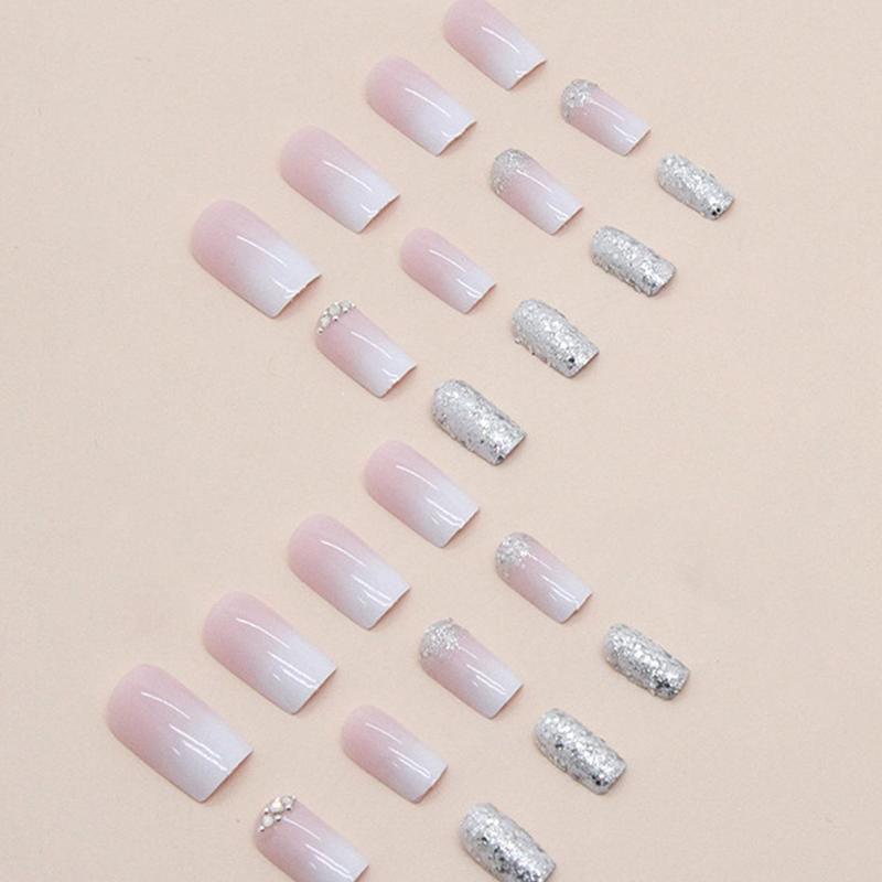 Glitter Gradient Nail Art & Nail Care Fake Nail & 1 Count Tape & 1 Count Nail File, 24pcs Rhinestone Decor Press on Nails for Women & Girls DIY Nail Art, Elegant Stick on Nails Kit