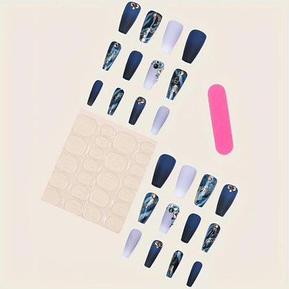 Effortless Marble Pattern Press On Nails Manicure Set, 24pcs Rhinestone Decor Fake Nails with 1 Nail File & 1 Sticker Sheet, Long False Nails for Women Girls Nail Art