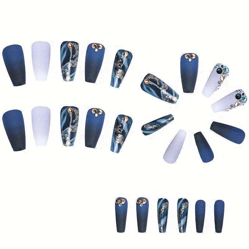 Effortless Marble Pattern Press On Nails Manicure Set, 24pcs Rhinestone Decor Fake Nails with 1 Nail File & 1 Sticker Sheet, Long False Nails for Women Girls Nail Art