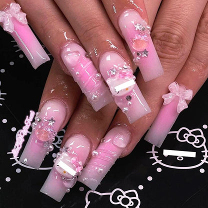 24Pcs Pink Coffin Shape Nails Press on Nails Long Coffin Fake Nails with 3D Heart Pearl Star Nail Charms Design Nail Gems Diamond Pink Acrylic Nails Supply Full Cover False Nails Stick on Nails for Women