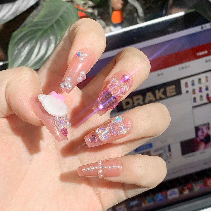 24Pcs Pink Coffin Shape Nails Press on Nails Long Coffin Fake Nails with 3D Heart Pearl Star Nail Charms Design Nail Gems Diamond Pink Acrylic Nails Supply Full Cover False Nails Stick on Nails for Women