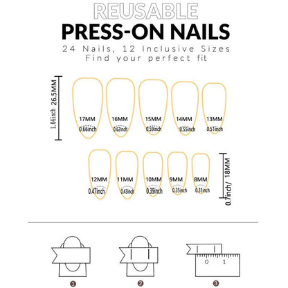 Almond Detachable Fake Nails with Sticker Sheet & Nail File, 24pcs Elegant French Style Press on Nails, Stick on Nails Kit, Manicure Accessories