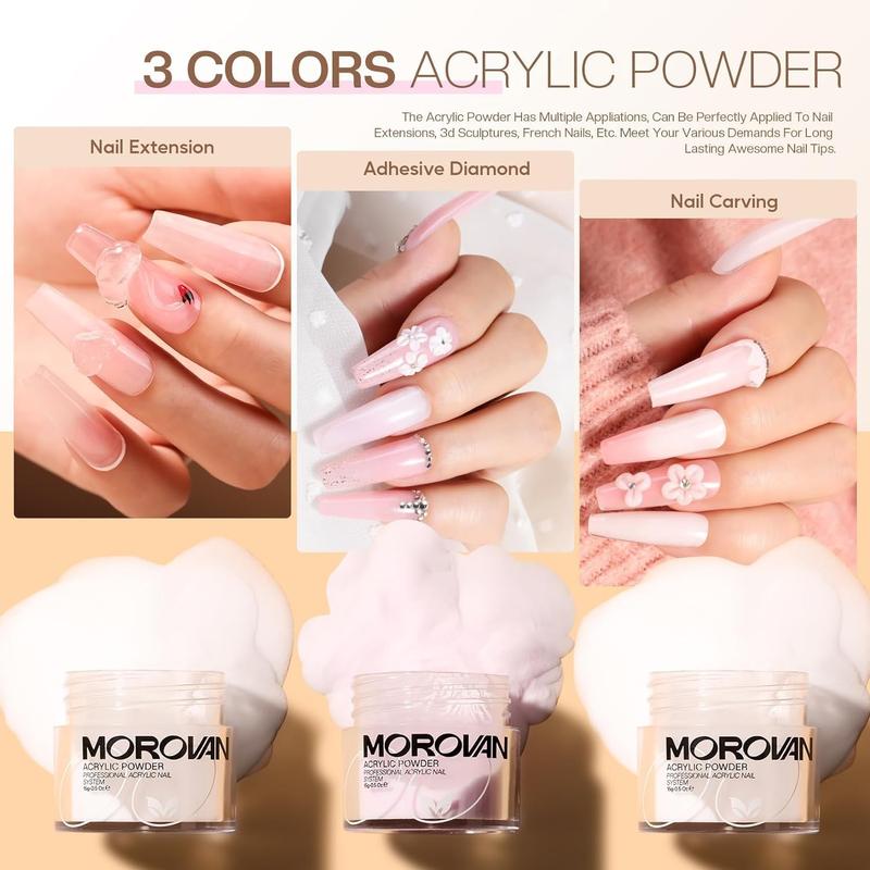 Morovan Acrylic Nail Kit: 3 Colors Acrylic Powder and Liquid Set with Acrylic Nail Brush Nail Forms Nail Tools Professional Acrylic Nail Kit for Beginners DIY Nail Art Extension at Home