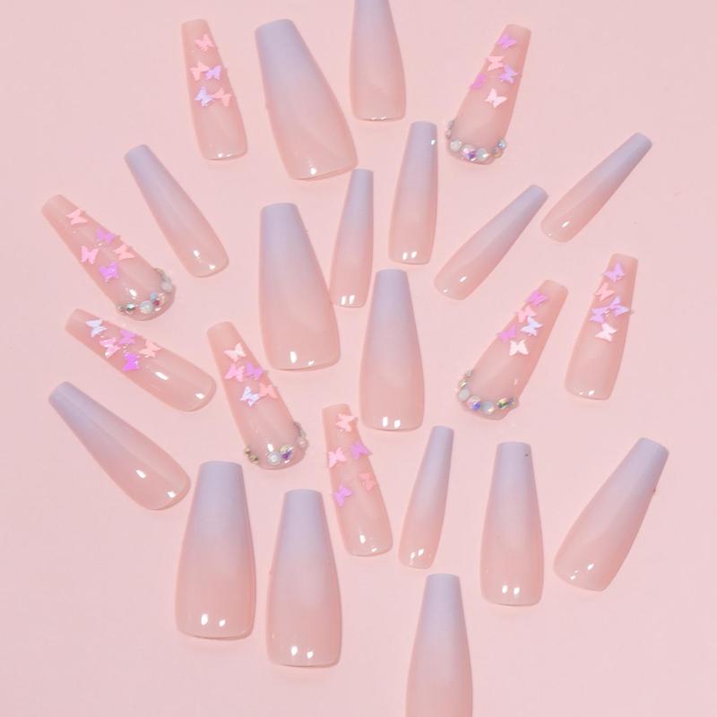 Gradient Butterfly Pattern Nail Care Fake Nail, 24pcs Rhinestone Decor Fashion Press on Nails for Women & Girls DIY Manicure Nail Art, Elegant Stick on Nails Kit