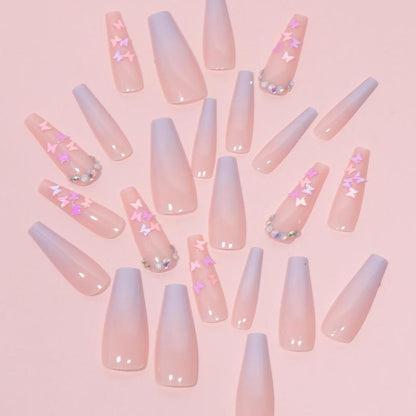 Gradient Butterfly Pattern Nail Care Fake Nail, 24pcs Rhinestone Decor Fashion Press on Nails for Women & Girls DIY Manicure Nail Art, Elegant Stick on Nails Kit