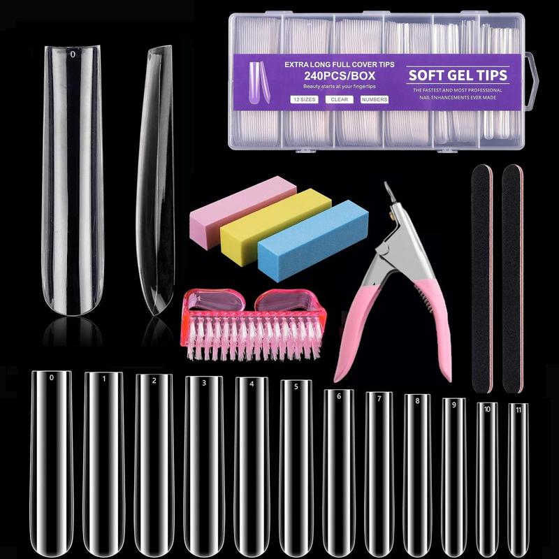 Professional Grade Acrylic Nail Extensions, 240pcs Clear Long Full Nail Tips & U-shaped Nail Clipper & Rectangular Buffer Block & Nail Brush & Nail File