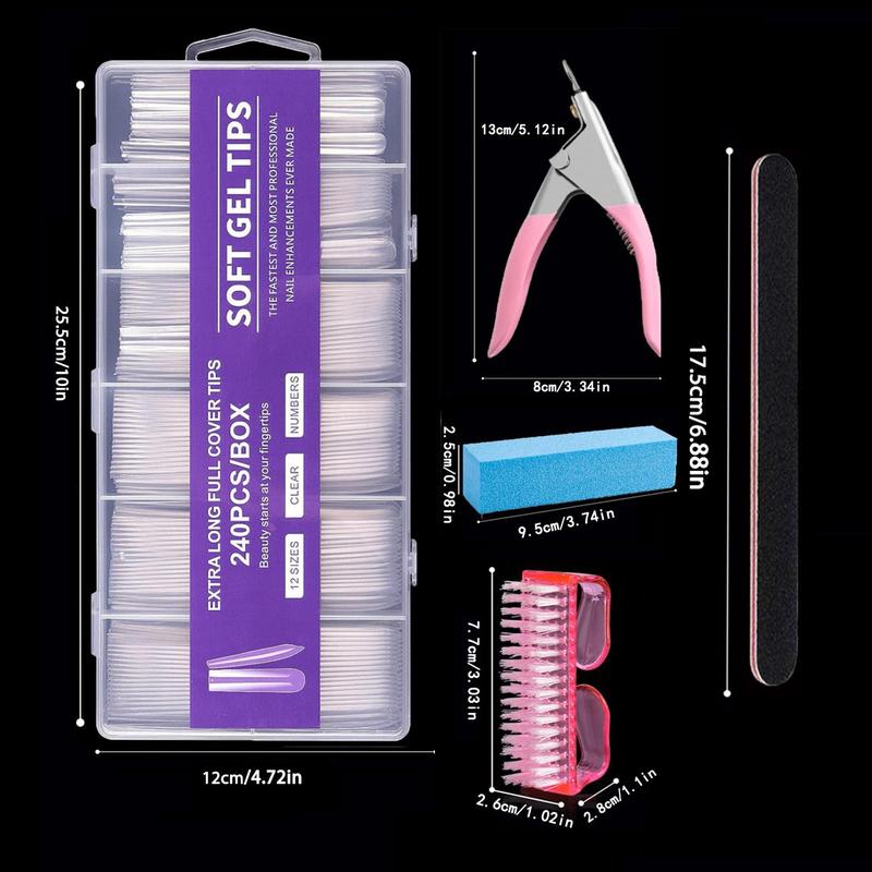 Professional Grade Acrylic Nail Extensions, 240pcs Clear Long Full Nail Tips & U-shaped Nail Clipper & Rectangular Buffer Block & Nail Brush & Nail File