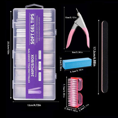 Professional Grade Acrylic Nail Extensions, 240pcs Clear Long Full Nail Tips & U-shaped Nail Clipper & Rectangular Buffer Block & Nail Brush & Nail File