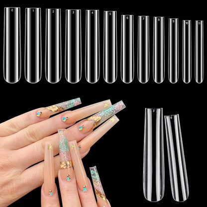 Professional Grade Acrylic Nail Extensions, 240pcs Clear Long Full Nail Tips & U-shaped Nail Clipper & Rectangular Buffer Block & Nail Brush & Nail File