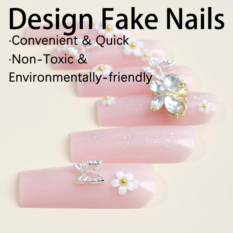 24Pcs Long Press on Nails Coffin 3D Flower Fake Nails with 3D Alloy Butterfly Charms Design Gel Glue on Nails for Women Girls Full Cover Acrylic False Stick on Nail Manicure for Women Girls