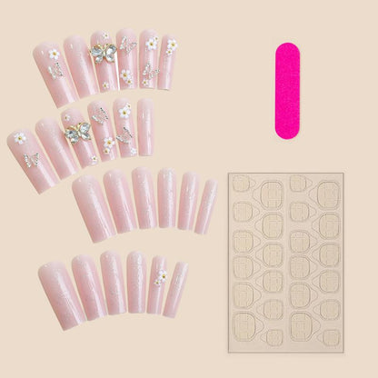 24Pcs Long Press on Nails Coffin 3D Flower Fake Nails with 3D Alloy Butterfly Charms Design Gel Glue on Nails for Women Girls Full Cover Acrylic False Stick on Nail Manicure for Women Girls