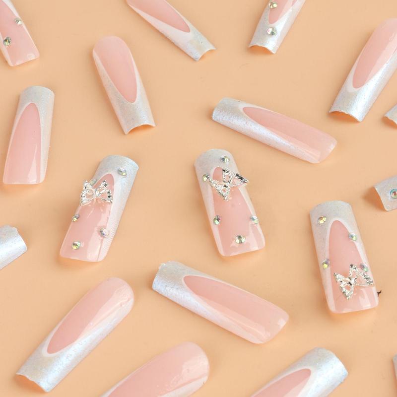 Butterfly Rhinestone Fake Nails with 1 Count Nail File & 1 Count Sticker Sheet, 24pcs/box Long Square False Nails for Women & Girls, Summer Gift