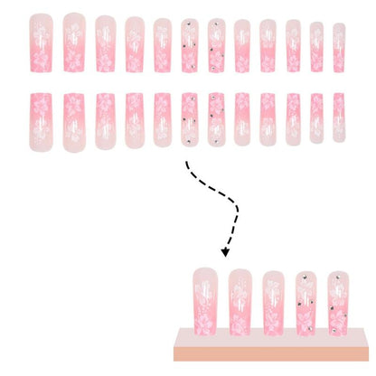 3D Rhinestones Decor Floral Pattern Fake Nails Manicure Set, 24pcs Long Square Acrylic Nail Kit with 1 Tape & 1 Nail File, Glossy Full Cover Nail Art Kit