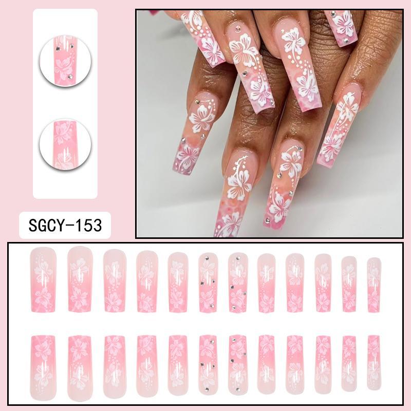 3D Rhinestones Decor Floral Pattern Fake Nails Manicure Set, 24pcs Long Square Acrylic Nail Kit with 1 Tape & 1 Nail File, Glossy Full Cover Nail Art Kit