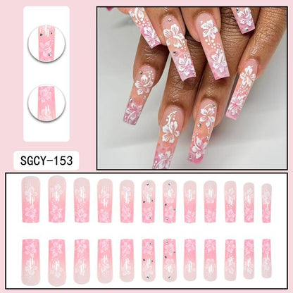 3D Rhinestones Decor Floral Pattern Fake Nails Manicure Set, 24pcs Long Square Acrylic Nail Kit with 1 Tape & 1 Nail File, Glossy Full Cover Nail Art Kit