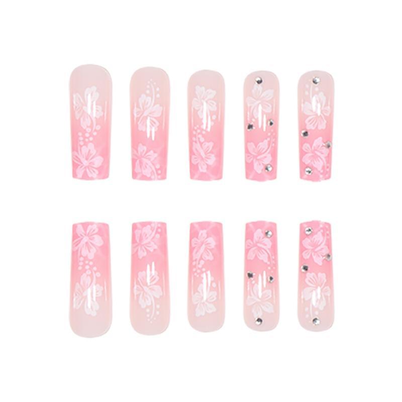 3D Rhinestones Decor Floral Pattern Fake Nails Manicure Set, 24pcs Long Square Acrylic Nail Kit with 1 Tape & 1 Nail File, Glossy Full Cover Nail Art Kit