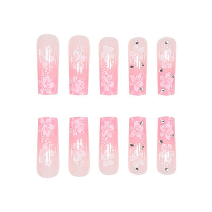 3D Rhinestones Decor Floral Pattern Fake Nails Manicure Set, 24pcs Long Square Acrylic Nail Kit with 1 Tape & 1 Nail File, Glossy Full Cover Nail Art Kit