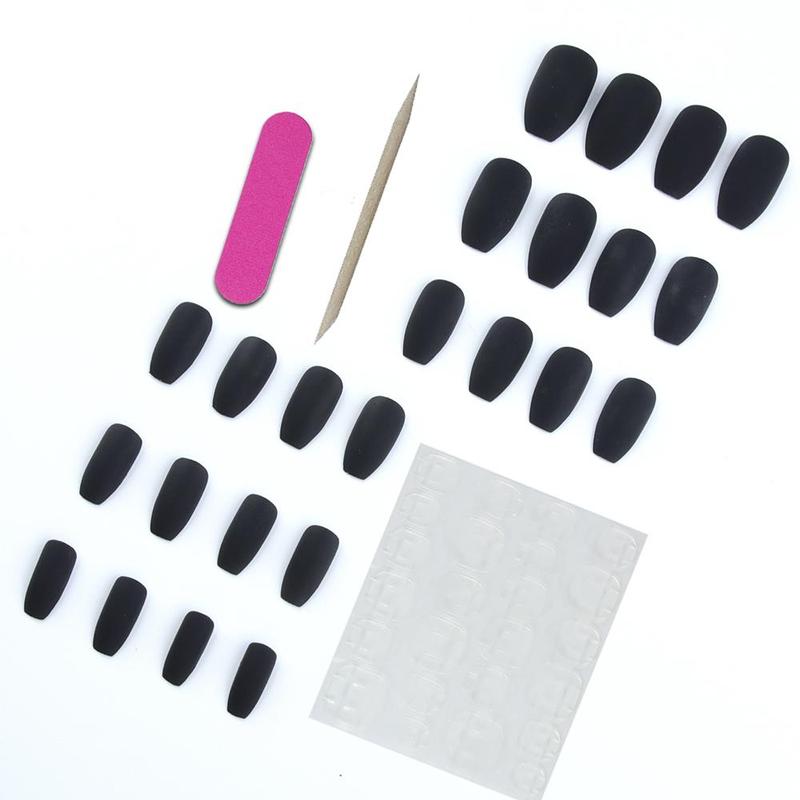 Black Solid Color Fake Nails & Jelly Glue Sticker & Nail File, 1set/3sets Reusable Removable Press on False Nails for Nail Art, Halloween Costumes Accessories