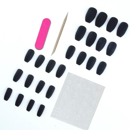 Black Solid Color Fake Nails & Jelly Glue Sticker & Nail File, 1set/3sets Reusable Removable Press on False Nails for Nail Art, Halloween Costumes Accessories