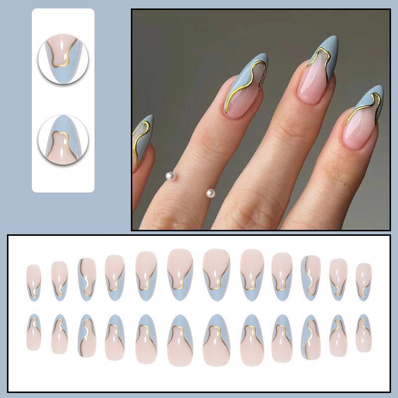 24pcs/set Line Pattern Long Almond Fake Nails Kits, Removable Nail Art Artificial Full Cover, Women Girls DIY Manicure, Elegant Press On Fake Nail Kit, Manicure Accessories