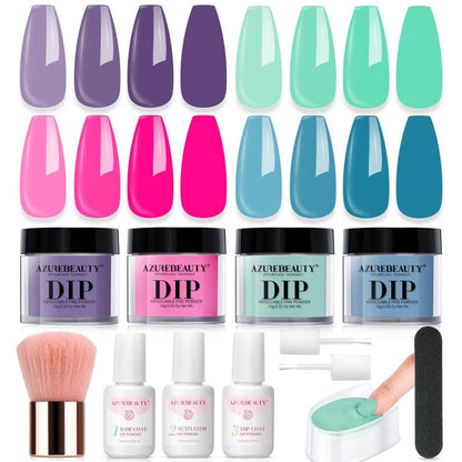 AZUREBEAUTY Dip Powder Nail  Starter, Spring Summer Bright Pastel Green Hot Pink Purple 4 Colors Dipping Powder Liquid Set with Base/Top Coat Activator for French Nail Art Manicure DIY Brush Nail Care