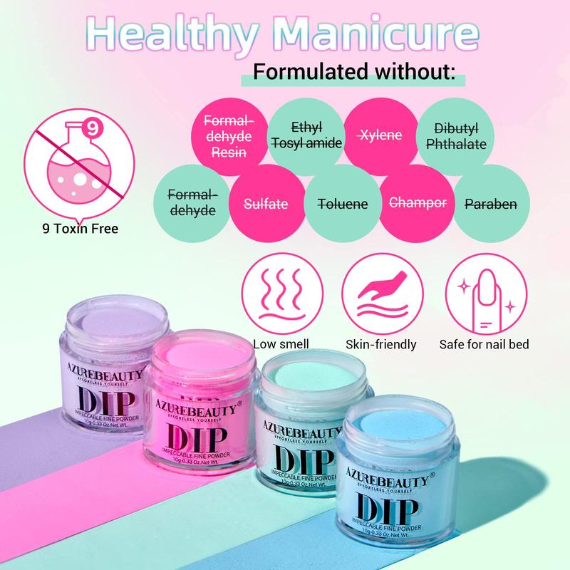 AZUREBEAUTY Dip Powder Nail  Starter, Spring Summer Bright Pastel Green Hot Pink Purple 4 Colors Dipping Powder Liquid Set with Base/Top Coat Activator for French Nail Art Manicure DIY Brush Nail Care