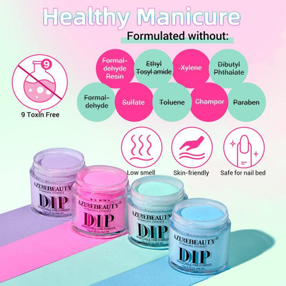 AZUREBEAUTY Dip Powder Nail  Starter, Spring Summer Bright Pastel Green Hot Pink Purple 4 Colors Dipping Powder Liquid Set with Base/Top Coat Activator for French Nail Art Manicure DIY Brush Nail Care