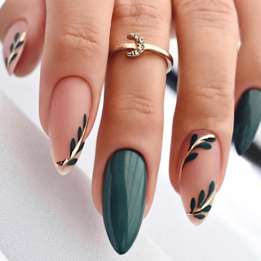 Green Foliage Fake Nails with 1 Nail File, 1 Manicure Stick & 1 Sticker Sheet, 24pcs Short Almond False Nails Press On Nails for Women & Girls DIY Nail Art