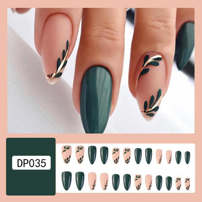 Green Foliage Fake Nails with 1 Nail File, 1 Manicure Stick & 1 Sticker Sheet, 24pcs Short Almond False Nails Press On Nails for Women & Girls DIY Nail Art