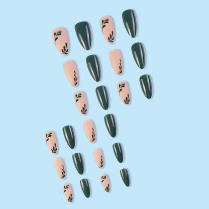 Green Foliage Fake Nails with 1 Nail File, 1 Manicure Stick & 1 Sticker Sheet, 24pcs Short Almond False Nails Press On Nails for Women & Girls DIY Nail Art