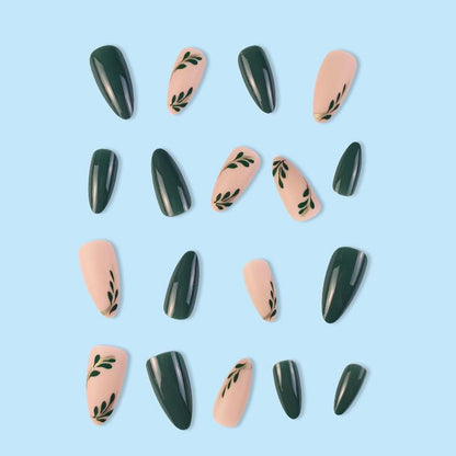 Green Foliage Fake Nails with 1 Nail File, 1 Manicure Stick & 1 Sticker Sheet, 24pcs Short Almond False Nails Press On Nails for Women & Girls DIY Nail Art