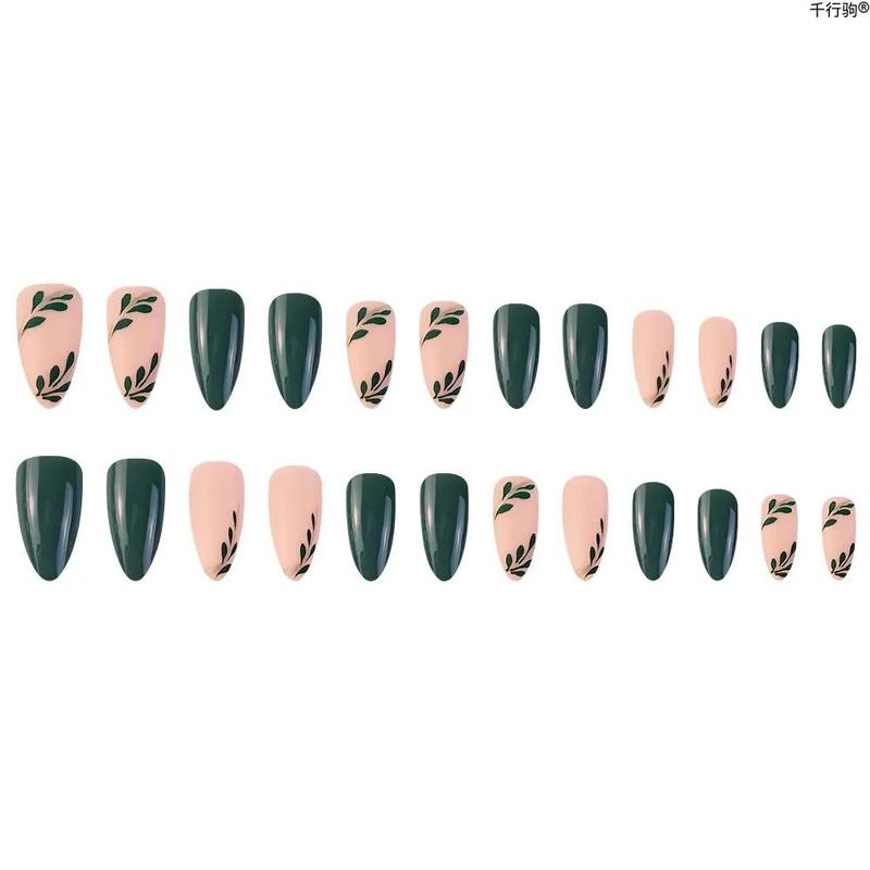 Green Foliage Fake Nails with 1 Nail File, 1 Manicure Stick & 1 Sticker Sheet, 24pcs Short Almond False Nails Press On Nails for Women & Girls DIY Nail Art