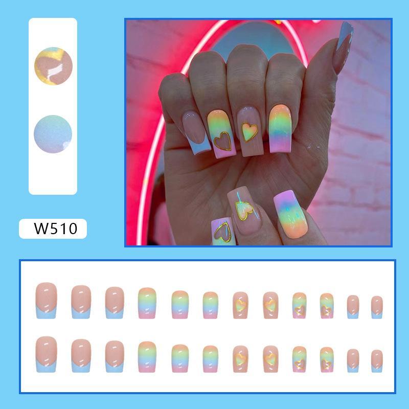 Heart Pattern Gradient Square Fake Nail, 24pcs/box Rainbow Press on False Nail For Women & Girls, Removable Nail Art Artificial Full Cover, Women Girls DIY Manicure