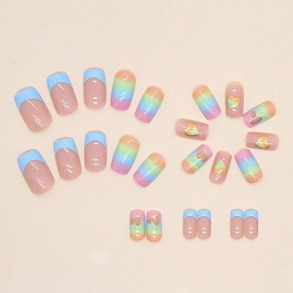 Heart Pattern Gradient Square Fake Nail, 24pcs/box Rainbow Press on False Nail For Women & Girls, Removable Nail Art Artificial Full Cover, Women Girls DIY Manicure