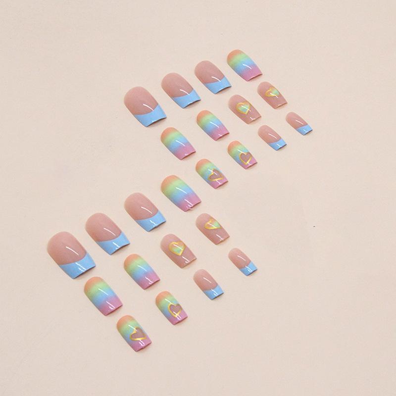 Heart Pattern Gradient Square Fake Nail, 24pcs/box Rainbow Press on False Nail For Women & Girls, Removable Nail Art Artificial Full Cover, Women Girls DIY Manicure