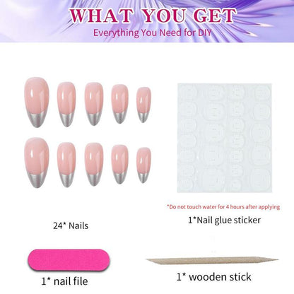 Metallic French Style Fake Nails Set, 24pcs French Style False Nails for Women & Girls DIY Nail Art, Effortless Press on Nails Manicure Set