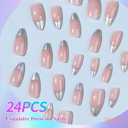 Metallic French Style Fake Nails Set, 24pcs French Style False Nails for Women & Girls DIY Nail Art, Effortless Press on Nails Manicure Set