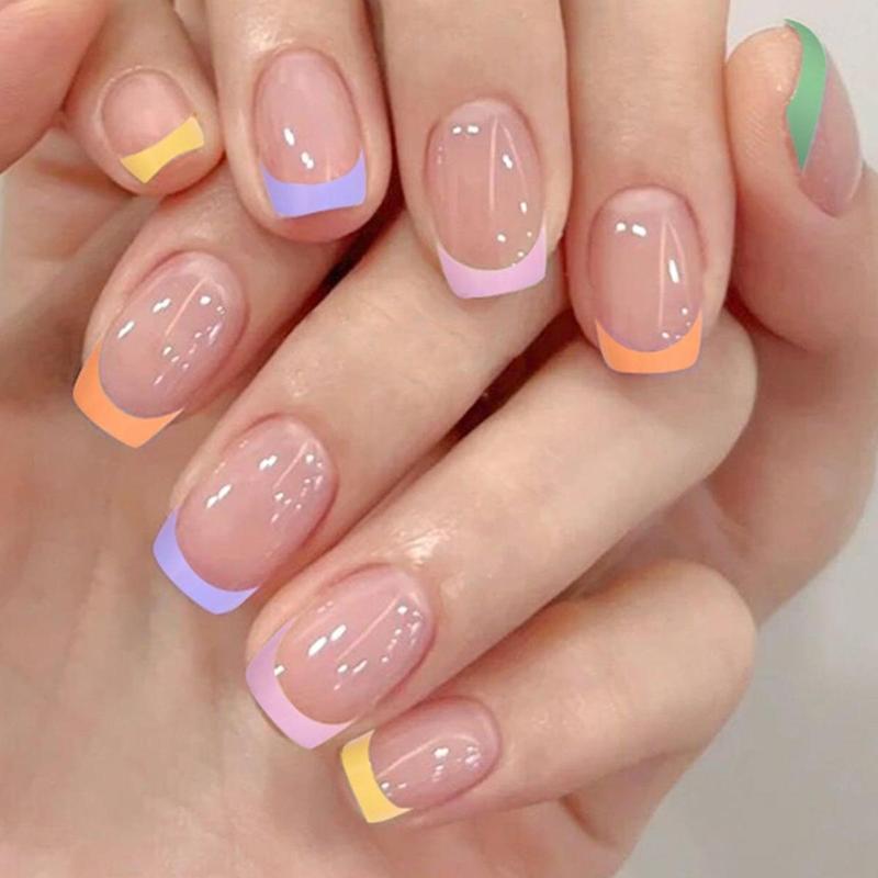 Colorblock Square Fake Nails, 24pcs/box French Style Short False Nails for Women & Girls, Removable Nail Art Artificial Full Cover Tips with Stickers and Nail File, Women Girls DIY Manicure