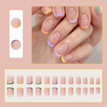 Colorblock Square Fake Nails, 24pcs/box French Style Short False Nails for Women & Girls, Removable Nail Art Artificial Full Cover Tips with Stickers and Nail File, Women Girls DIY Manicure