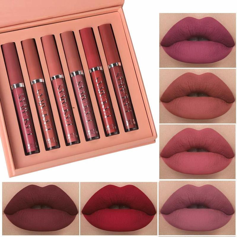 Matte Lipstick Set, 6 Colors Long Lasting Velvet Lips Tint Liquid Lipsticks Waterproof Non-Stick Cup Lipgloss Gift Set Makeup Cosmetic