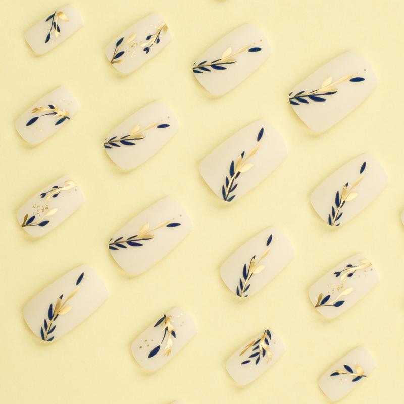 Leaf Pattern Fake Nails with 1 Nail File & 1 Sticker Sheet, 24pcs Medium Square False Nails for Women & Girls DIY Nail Art, Effortless Press On Nails Manicure Set