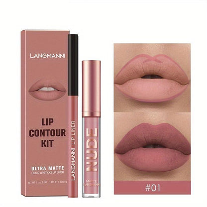 Long-lasting Lip Gloss & Lip Liner Makeup Set, 2 Counts Waterproof Liquid Lipstick, Moisturizing Lip Kit for Girls & Women, Cosmetic Gift