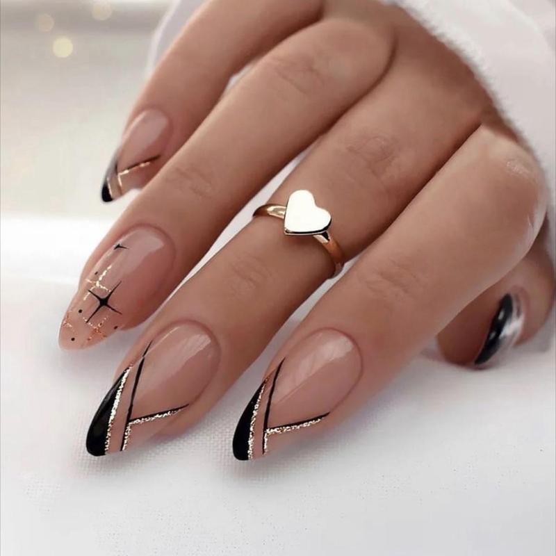 Long Almond Fake Nail, 24pcs Geometric Line Design Full Cover Press On Nail With 1 Sheet Tape & 1 Count Nail File, Elegant Stick On Nails Kit, Easy To Apply, Reusable Nail Art Kit For Women & Girls